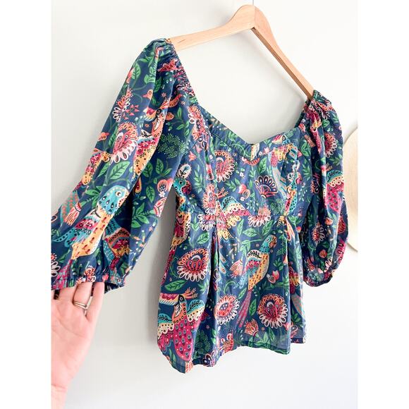 FARM Rio | Tropical Birds Blouse Navy Blue Multi | Sz S | Tropical Bold Vibrant - Picture 3 of 11